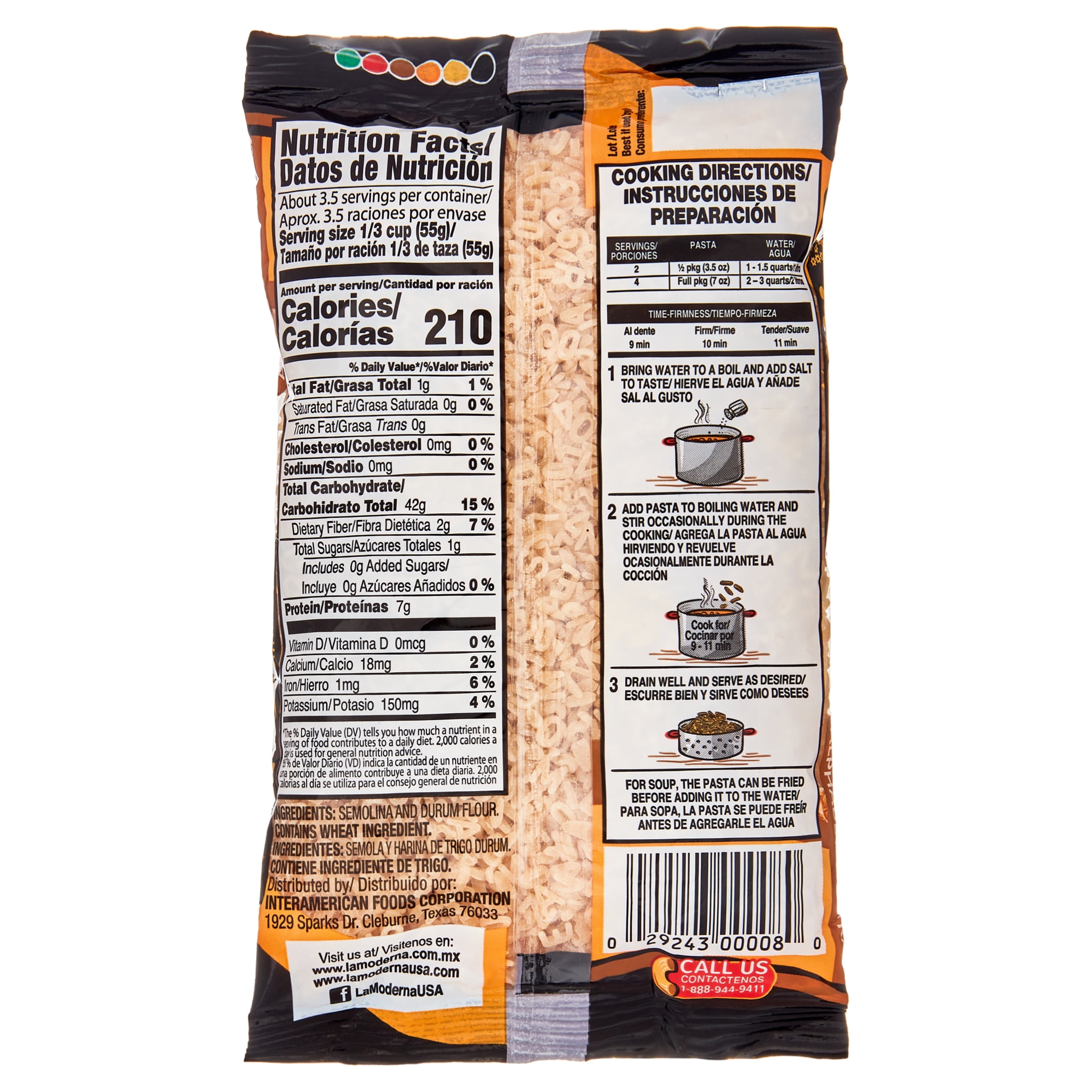 (20 pack) La Moderna Alphabet Pasta has been of preference for many generations, made from 100% durum wheat with a 7 oz convenient size. To cook this delicious pasta, follow simple included instructions.