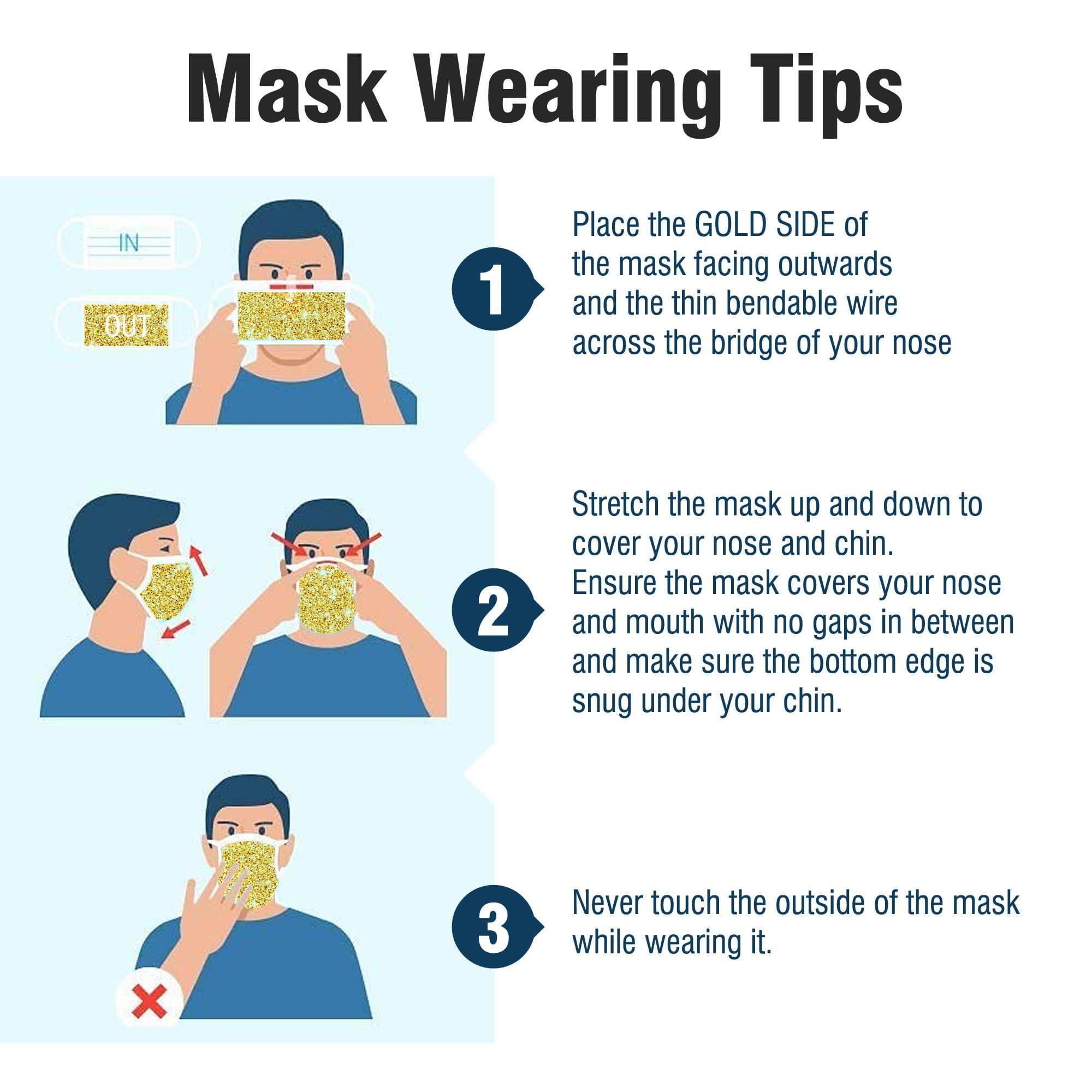 Disposable Face Masks 3-Ply Individually Wrapped , 50ct - Gold