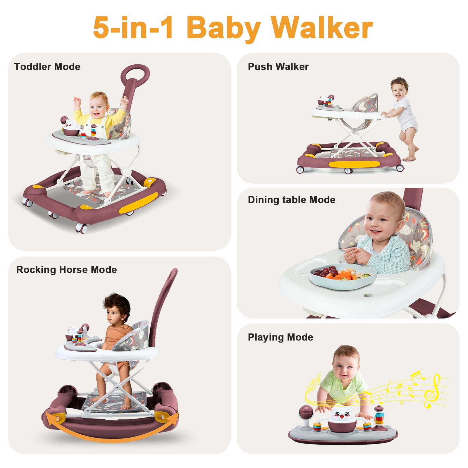 4-in-1 Baby Walker with Music and Toys, Folding Infant Baby Walker with Wheels for Boys and Girls, Red