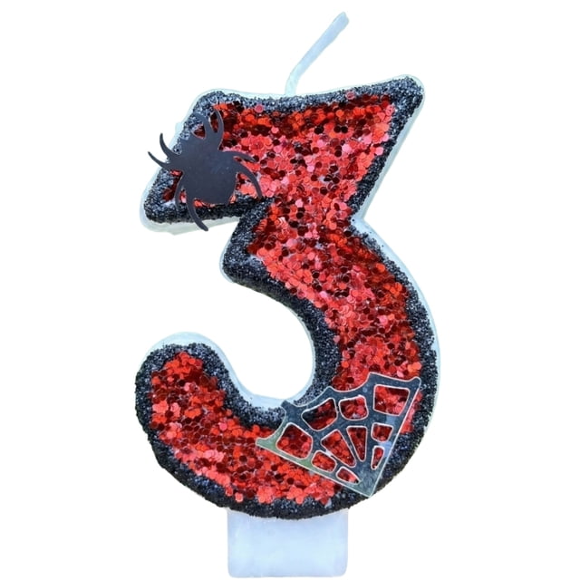 Décor de Gâteau Gothique, Décoration d'Anniversaire d'Halloween, Bougies d'Anniversaire Toile d'Araignée Rouges et Noires, Décoration de Gâteau Bougie Joyeuse Thème Dessin Animé Araignée Adaptée aux Fournitures de Fête, Numéro 3 Toile d'Araignée et Araignée