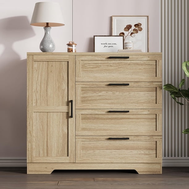 Qinaqin 43.3-Inch Armoire cm de Anchoardrobe Closet Multifunctional Madera Almacenamiento Gabinete para Dormitorio con 4 Cajones y Alturaanging Rod en Natural Oak Finish