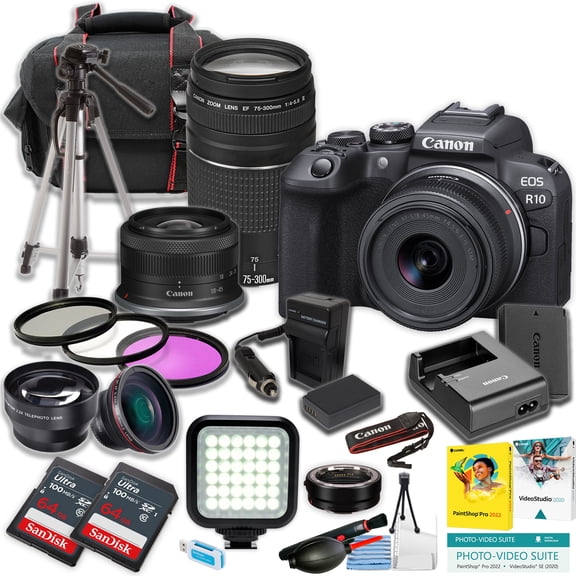 Canon EOS R10 Mirrorless Camera w/18-45mm and EF 75-300mm Lens   2pc SanDisk 64GB Ultra Memory Card   LED Light   Tripod   More (21pc Bundle) (International Version)