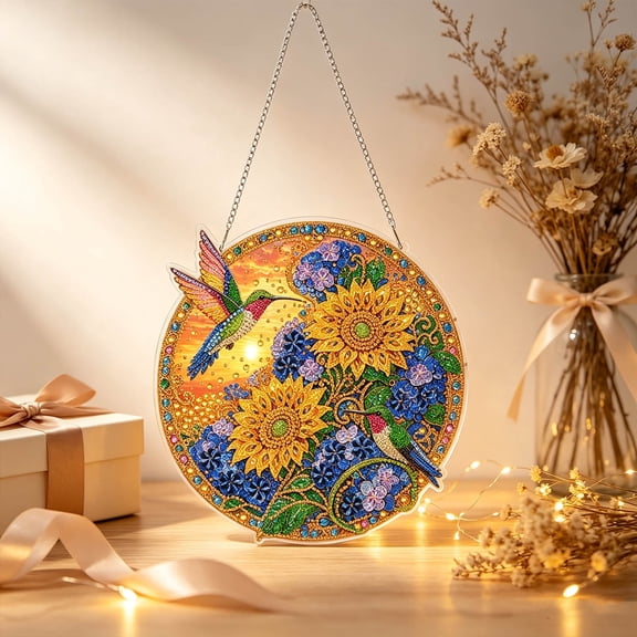 Hummingbird Hanging Diamond Art Kits for Adults, 2D Pearl Diamond Art Suncatcher, 9.41inch Acrylic DIY Art Pendant with Hanging Chain for Window, Wreath, Xmas Party Display