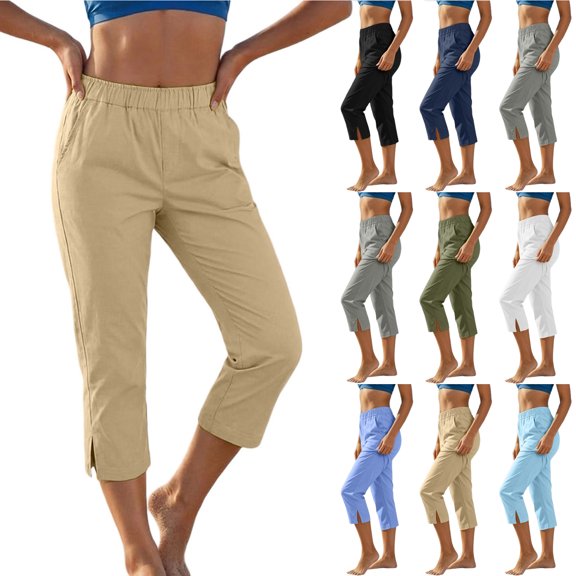 Bloomae Linen Capri Pants for Women Wide Leg Comfy Lightweight Casual Side Slit Summer Beach Elastic High Waist Capris Cropped Lounge Trousers with Pockets