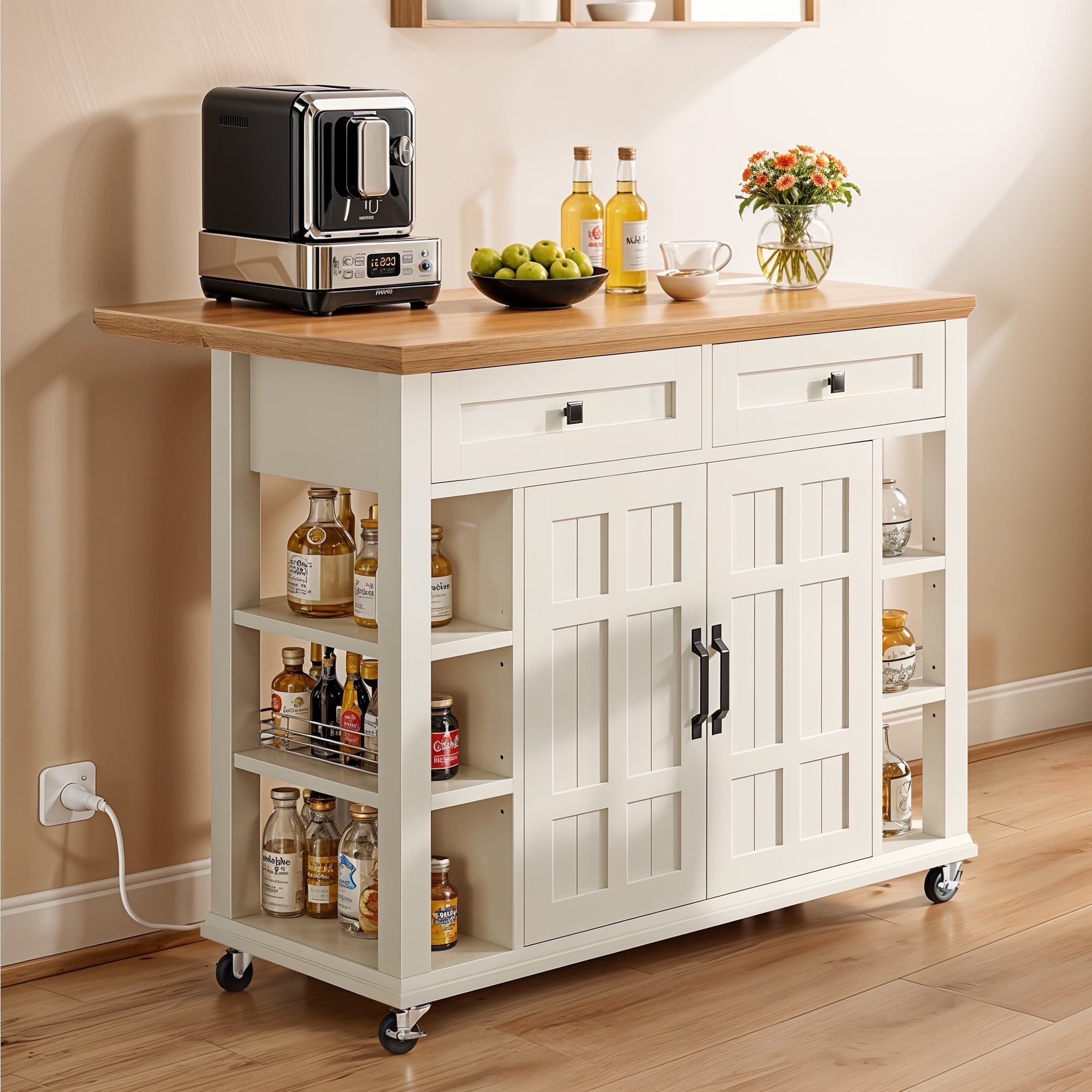 ModFusion 45" Kitchen Island Cart Drop Leaf Power Outlet Rolling Storage Cabinet Drawers Side Shelves