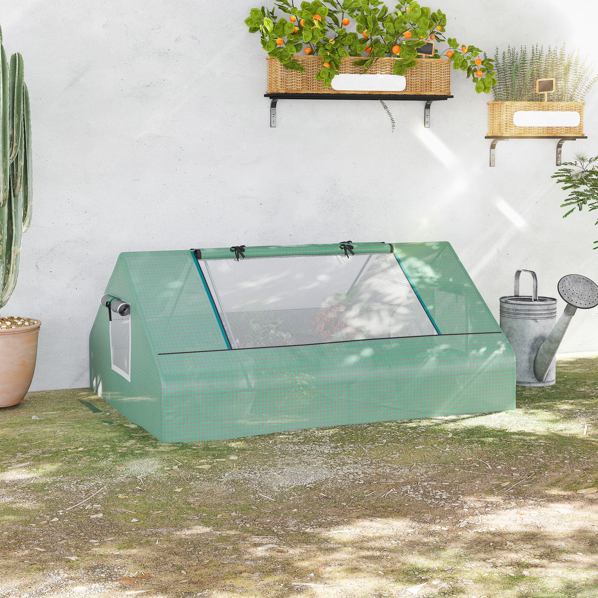 Outsunny 71" x 55" x 32" Mini Greenhouse, Garden Planting Shed, Outdoor Flower Planter Warm House with Zipper Windows, Green