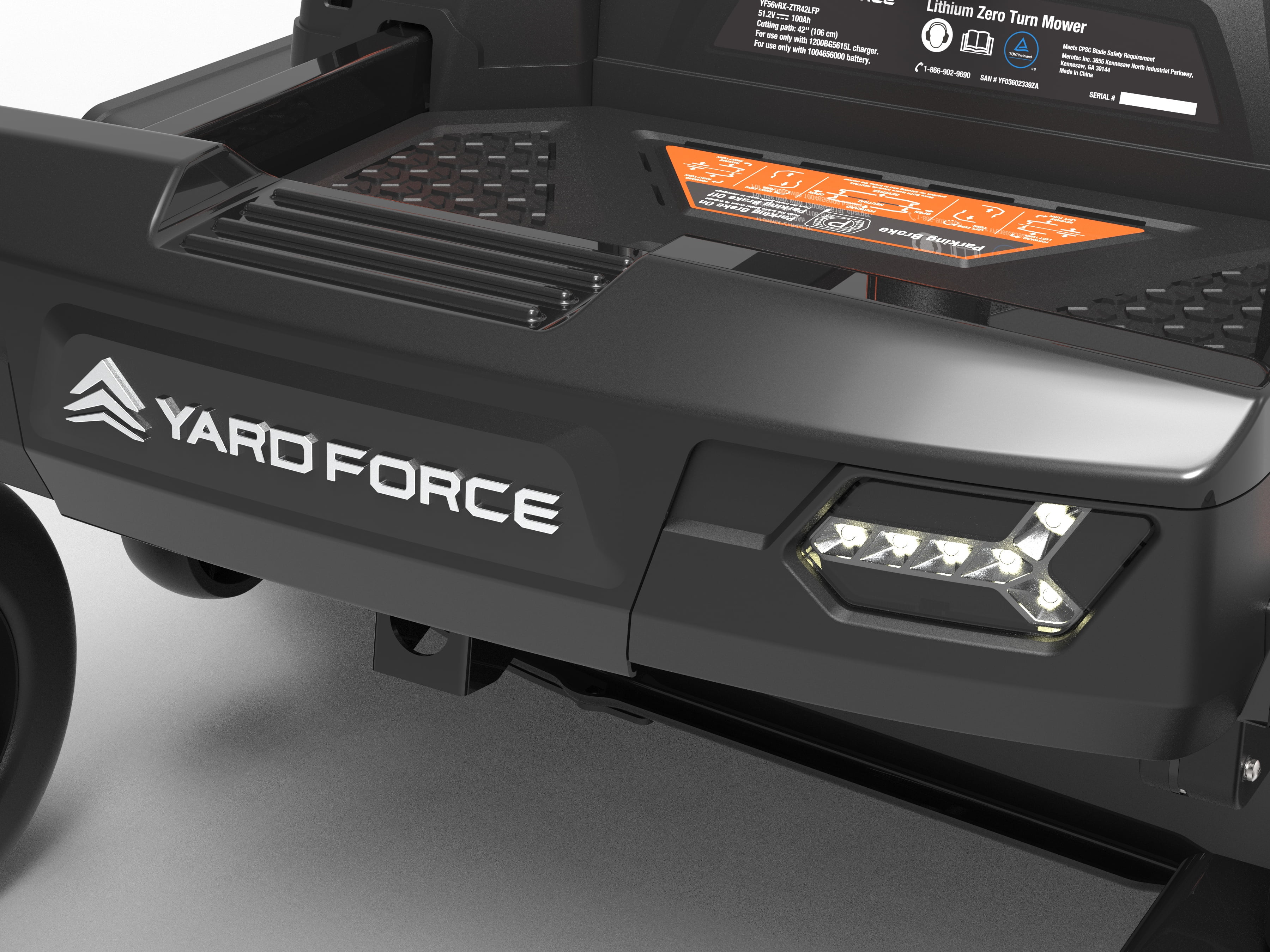 Yard Force YF56vRX Z42-562 42-Inch Zero Turn Mower, 56V Battery, 4-Acre Range, 3-in-1 Cutting, 5-Inch LCD, Plush Seat w/ Armrests, LED Lights, USB Charger, Rear Hitch Mount