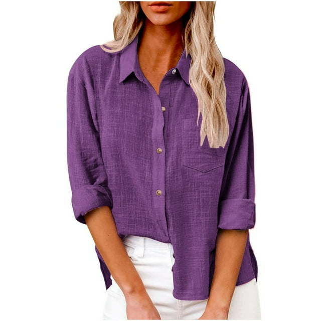 Chemise en Coton à Manches Longues Décontractée à Col Rond Tops avec Poche en Lin