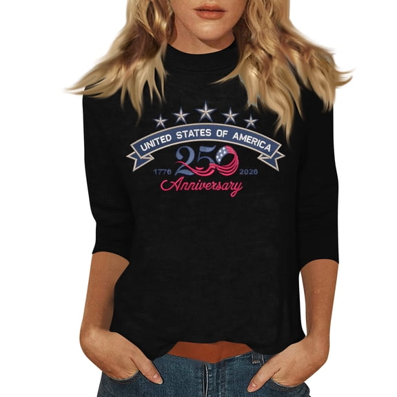 Women's T-Shirts America 250 Patriotic Flag Graphic Crew Neck 3/4 Sleeve Anniversary Top