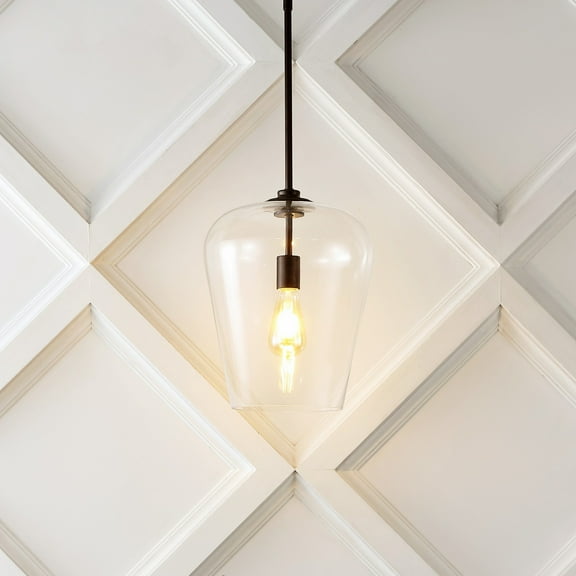 JONATHAN Y Hayes 11.25" 1-Light Industrial Farmhouse Iron/Glass LED Pendant, Oil Rubbed Bronze/Clear