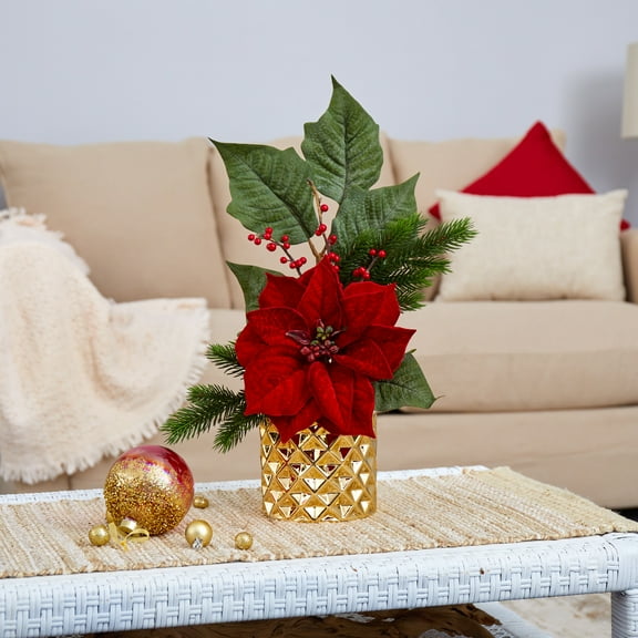Nearly Natural 21" Poinsettia, Berries and Pine Artificial Arrangement in Gold Vase, Red