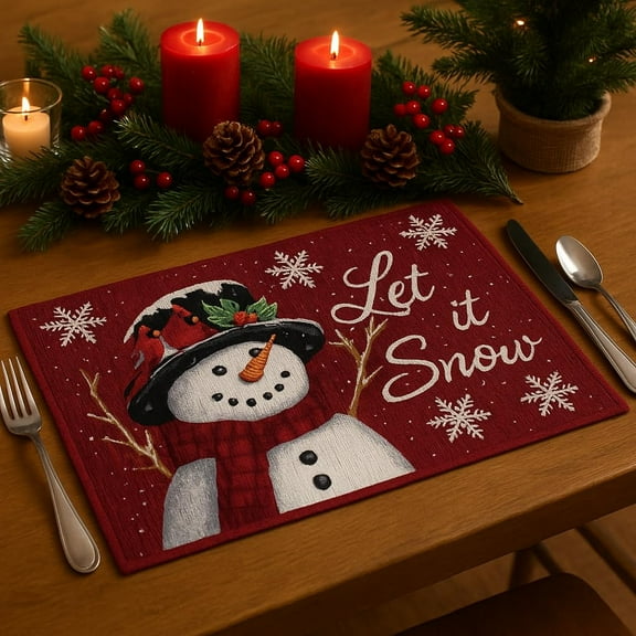 Serafina Home Christmas Tapestry Placemat- Set of 6 Weave Fabric Red Snowflakes, Cheerful Snowman, Let It Snow Tapestry Design for Holiday's, Thanksgiving, Winter, Christmas