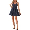 thumbnail image 1 of INSPIRE CHIC Robe Courte Métallisée de Fête Stars pour Femme à Bretelles Spaghetti en Organza, Coupe Évasée, Bleu Foncé S, 1 of 5