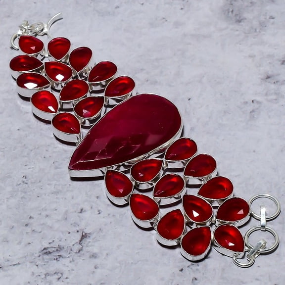 Ruby(Simulated) Gemstone Handmade 925 Sterling Silver Bracelet 7-8"