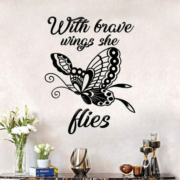 Brave Wings Quote Butterfly Butterflies Silhouette Wall Sticker Art Decal for Girls Boys Kids Room Bedroom Nursery Kindergarten House Home Decor Stickers Wall Art Vinyl Decoration Size (10x8 inch)
