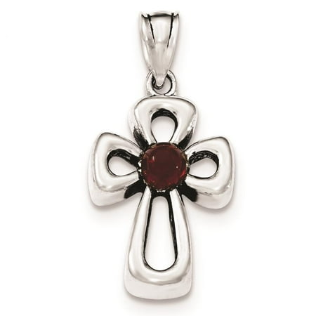 Sterling Silver Antiqued Open Cross w/ Red Stone Polished Glass Charm Pendant