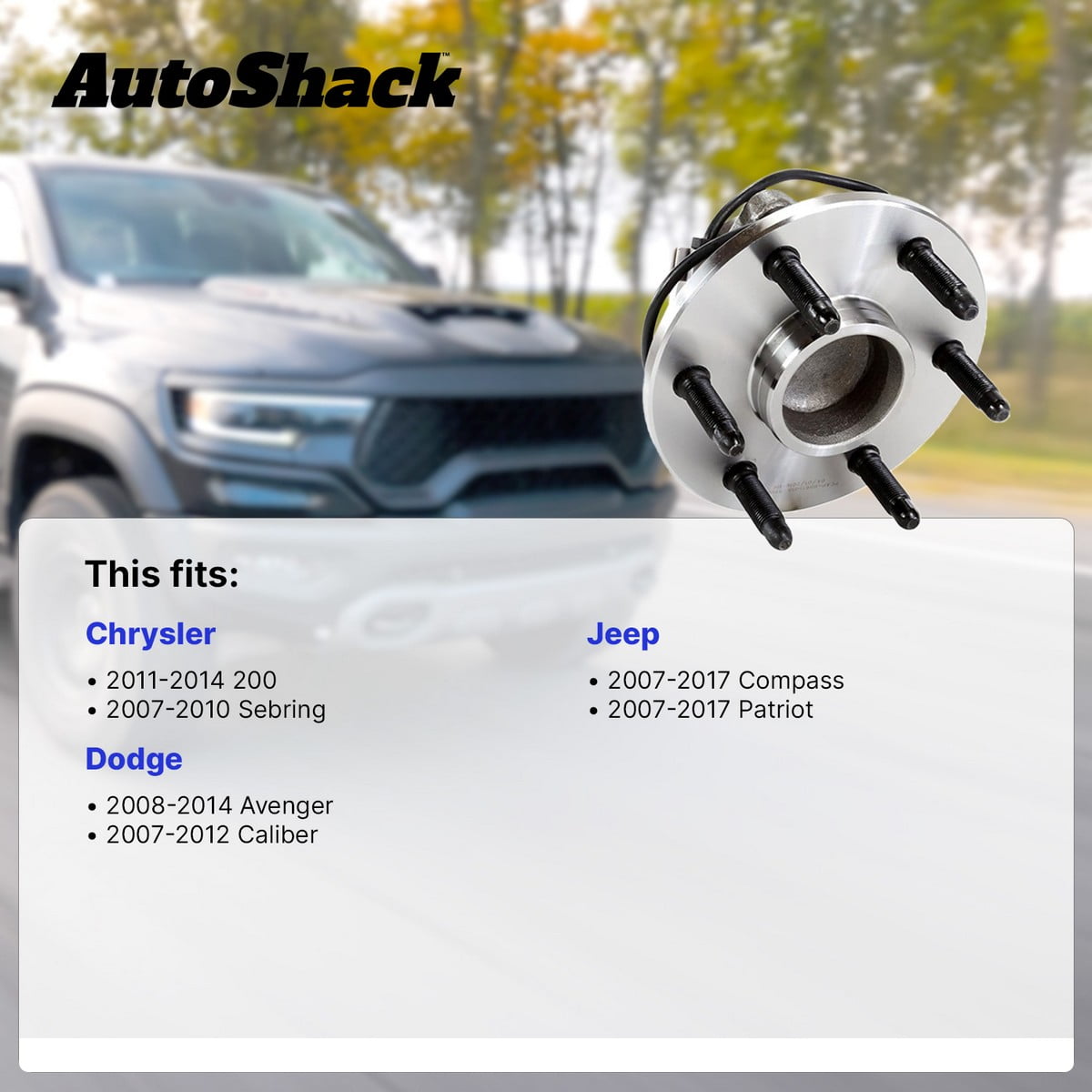 AutoShack Rear Wheel Hub Bearing Assembly - Driver or Passenger Side for Jeep & Dodge, Patriot 2007-2017 Compass 2007-2017 Avenger 2008-2014, FWD L4 2.0L 2.4L V6 2.7L 3.5L 3.6L - 5-Lug, With ABS