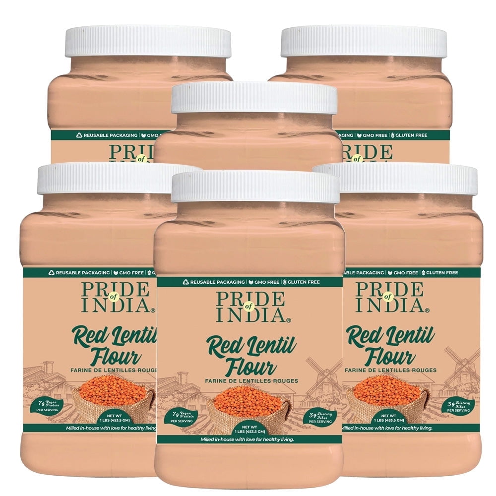 Pride of India - Pack of 6 -  Red Lentil Flour, Gluten Free, Plant Based Protein, 1 lb Jars
