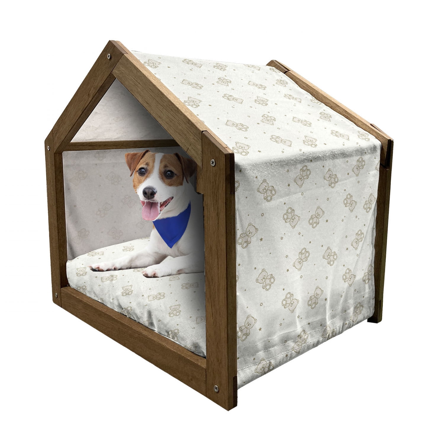 Floral Patterned Wooden Dog House with Canopy and Pillow
