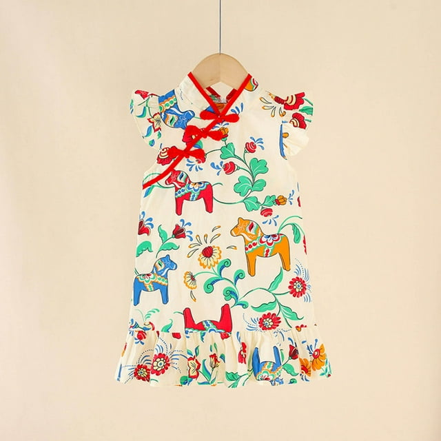 Robes pour Filles Été Style Chinois Manches à Volants Robe Décontractée Légère Respirante Mode Imprimé Robes Bébé Rouge 6 Ans-7 Ans