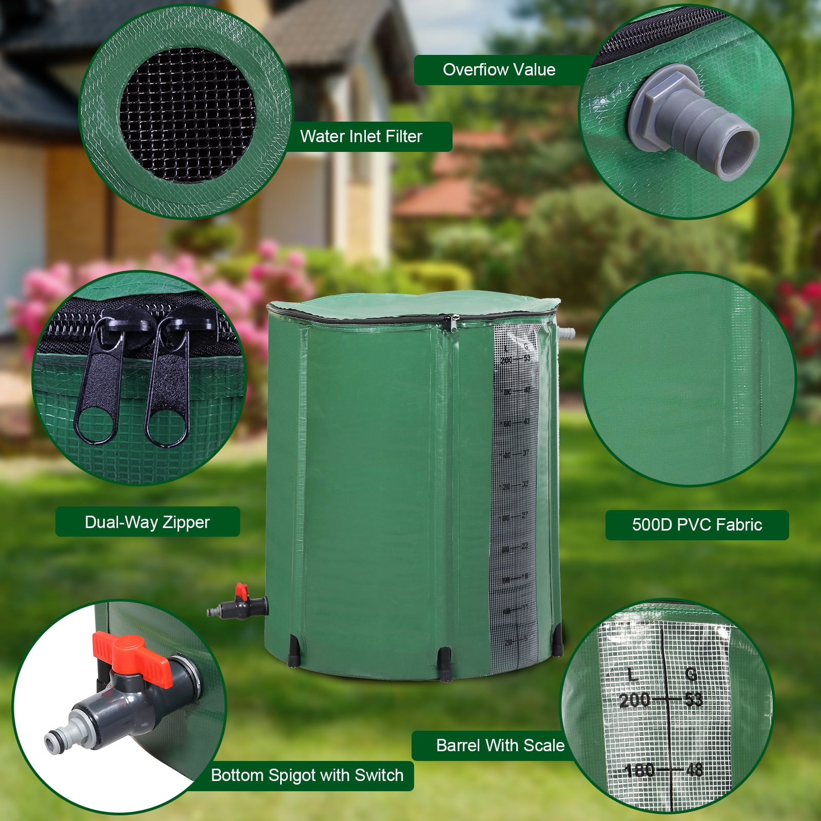 BAYUELSWU 50 Gallon Rain Water Collection Barrel, Portable Water Storage Tank Collapsible Rain Barrel with Scale, Rainwater Collection System Kit