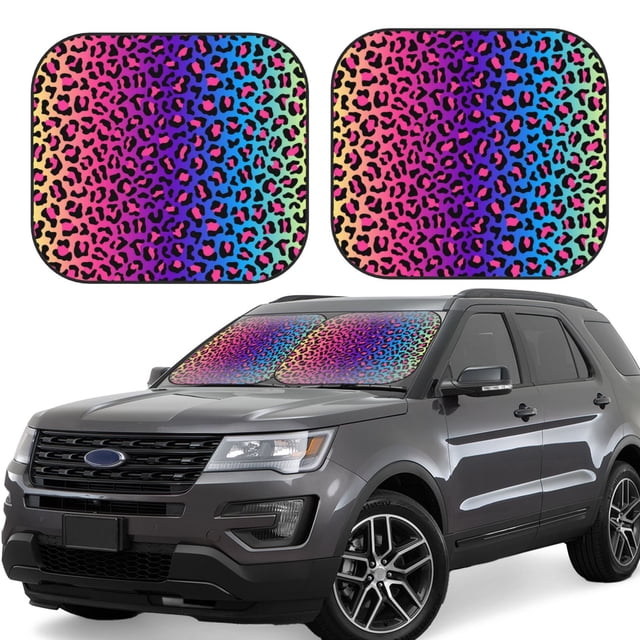 Vsdgher Leopard Neon Rainbow Gradient Print Car Windshield Sun Shade, Reflective Sunshade Window Sunshade Sun Visor Protector Fit for Cars,Trucks,SUVs-Large
