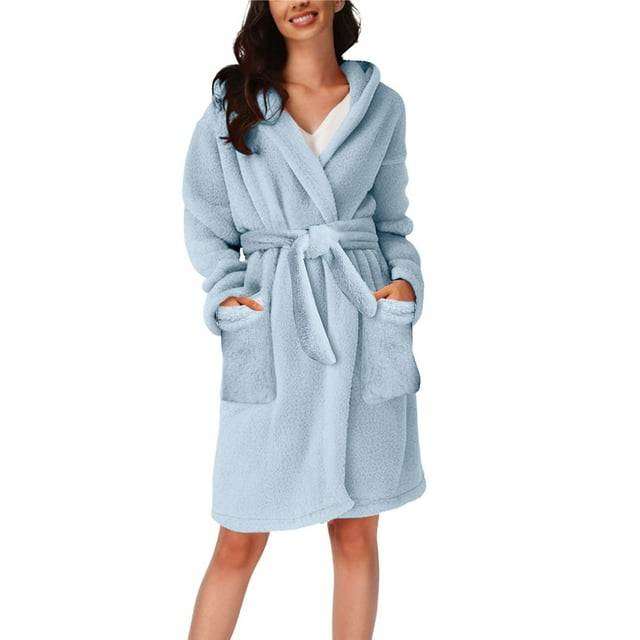 WZXFASHION Robe de Pyjama en Peluche à Manches Longues avec Poche et Capuche pour Femmes, Couleur Unie, Bleu, TTTG