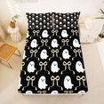 thumbnail image 5 of Homewish Ribbon Bow Queen Sheets,Happy Halloween Ghost Print Queen Sheet Sets,Black Cream,4-Piece,1 Flat Sheet,1 Fitted Sheet and 2 Pillowcases, 5 of 6