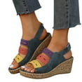 thumbnail image 3 of WIZUTIZ Wedge Sandals for Women Dress Sandals for Women Party Comfortable Stretch Beach Sandals Pull-On Round Toe Shoes Flat Heel (O"-1) Wide Color Block Sandals Beach Items Blue, 3 of 6