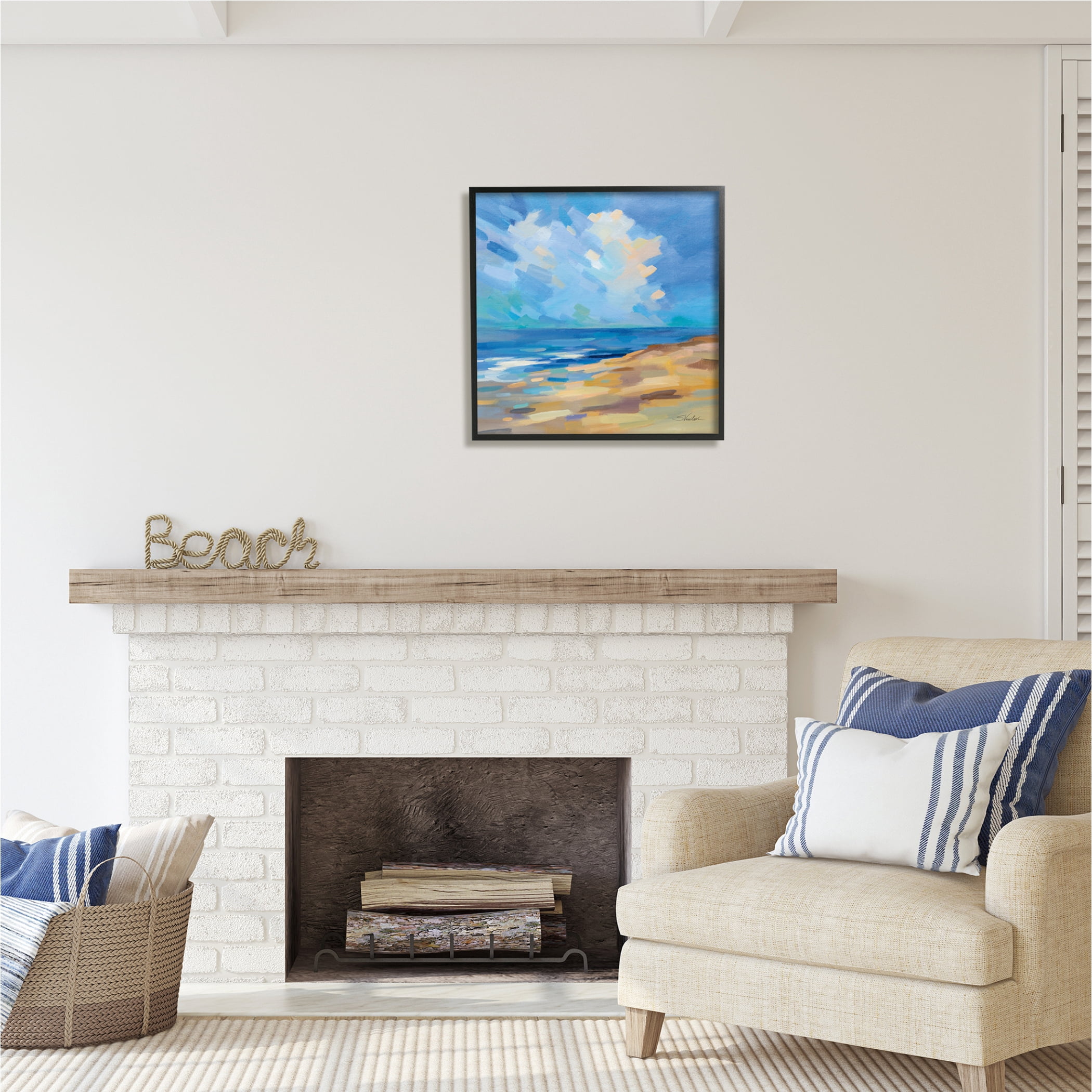 Stupell Industries Abstract Beach Painting Nature Painting Black Framed Art Print Wall Art, 24 x 24