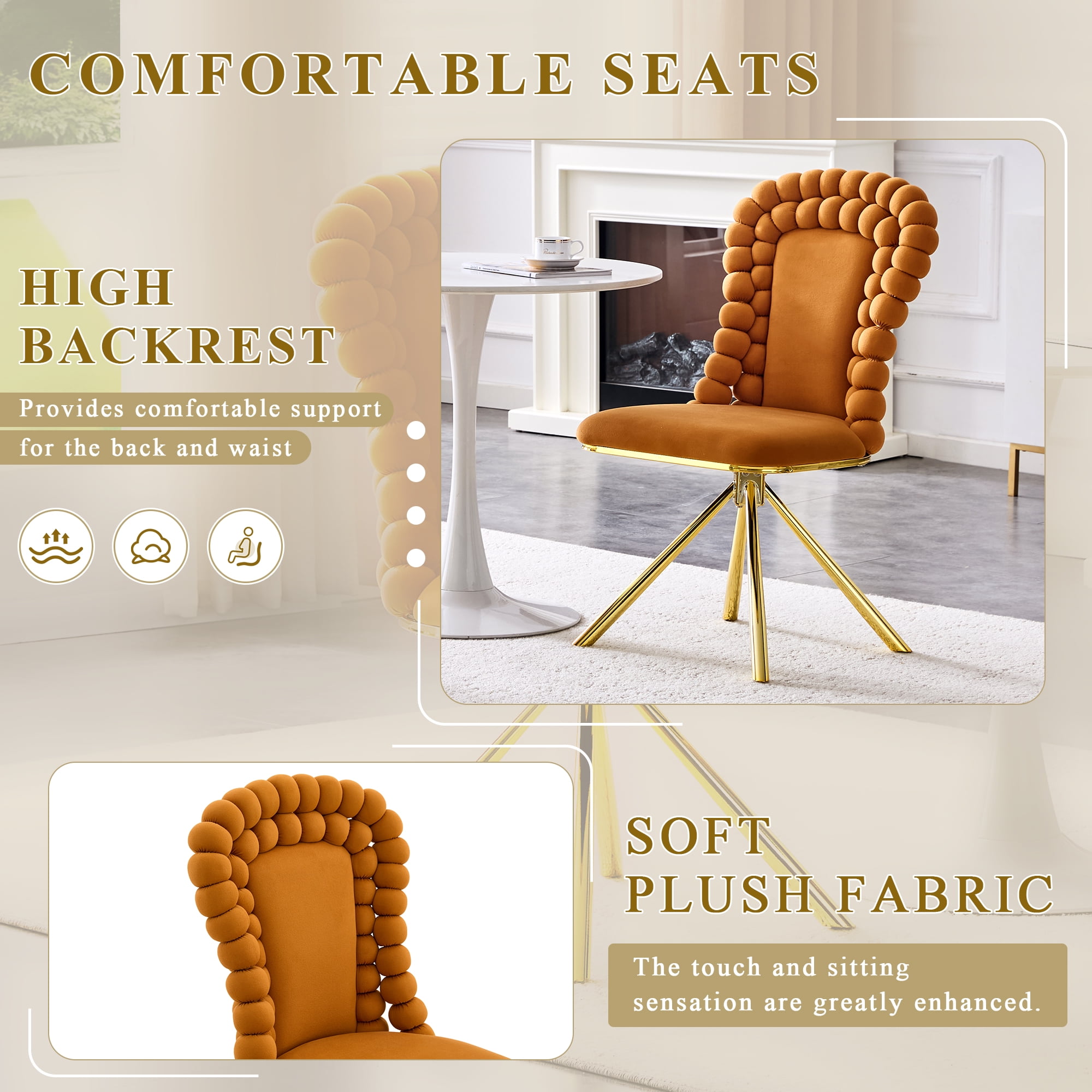 Alvantor Velvet Bubble Dining Chairs, Orange, Set of 2 with Metal Legs