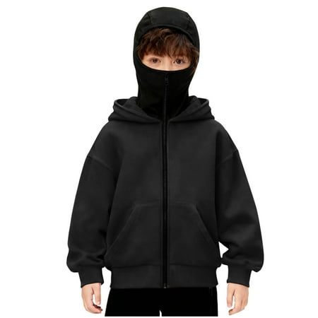 Hinvhai Hoodie with Mask Boys Double Hooded Zip Jacket Wind-Resistant Winter Privacy Hoodie Cycle-Ski-Outdoor Black 12-13Years