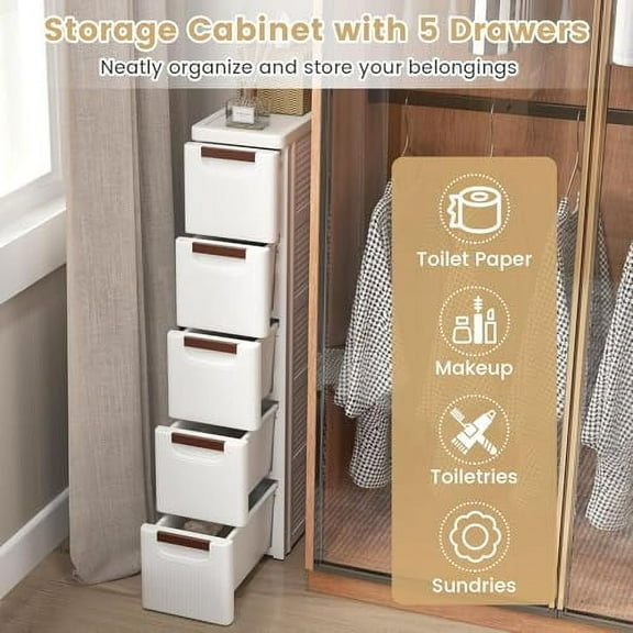 Slim Storage Drawers, Plastic Organizers w/Hidden Wheels for School Supplies, Crafts, Files & Towels, Under Table Rolling Cart for Dorm, Home & Office (7.5" x 16.5" x 36" (5 Drawer
