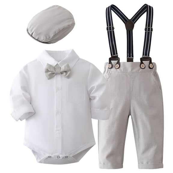 Qopobobo Boy Suit Set Baby Boy Dress Suit Clothes Sets Tuxedo Gentleman Suits Outfits Bowtie Shirt Suspenders Pants Beret Hat Khaki,18-24 Months