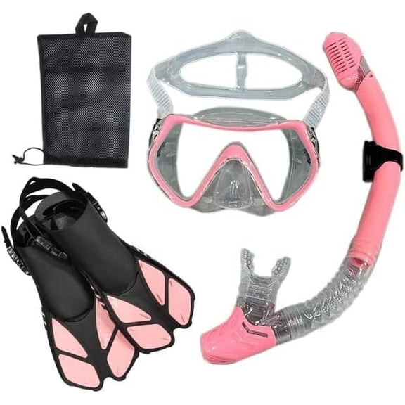 Mask, fins, snorkel set, including adult snorkeling equipment, panoramic diving mask, Trek fins, dry snorkel   travel bag
