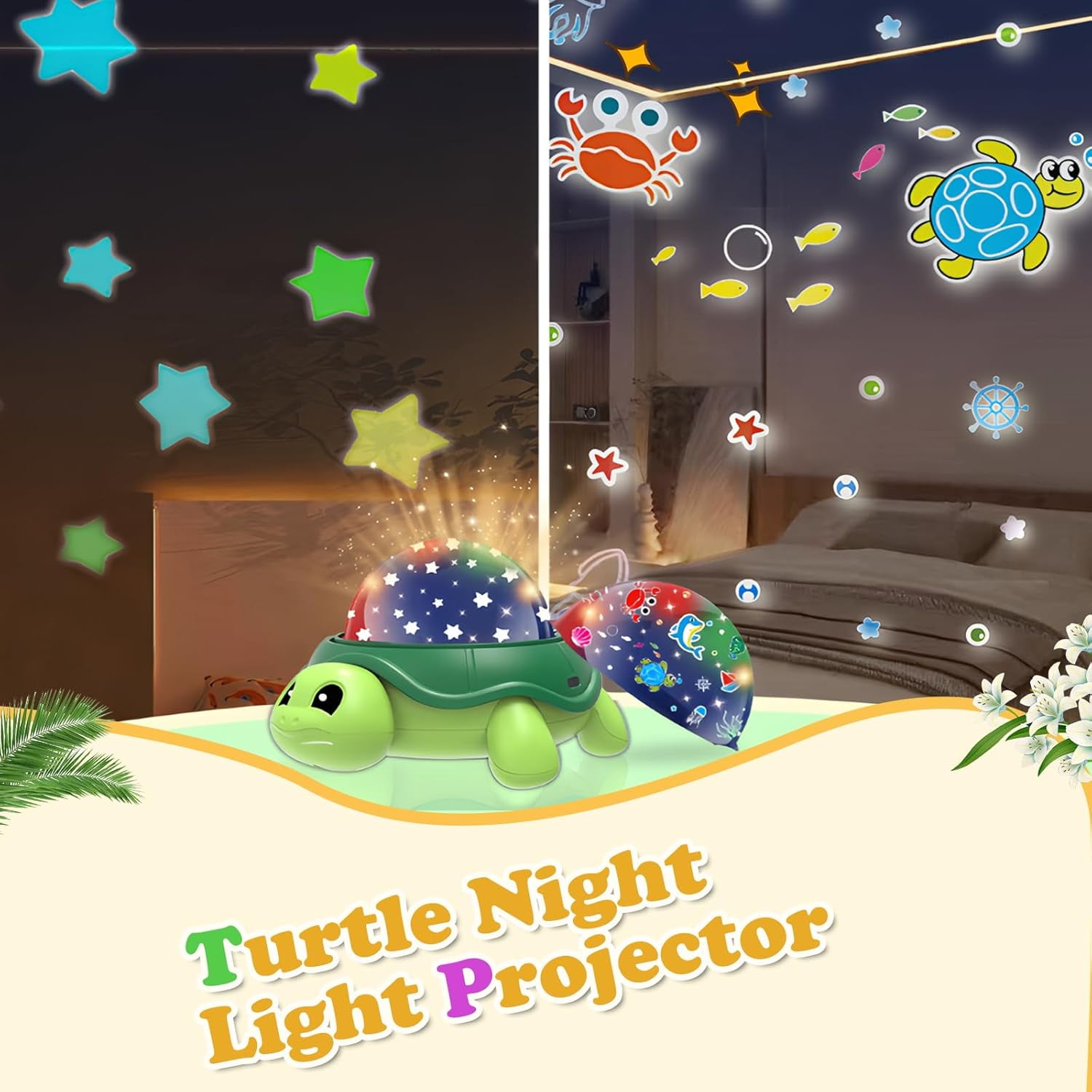 VIVIHEYDAY Cute Turtle Night Light Projector for Kids, Ocean World Star Galaxy Ceiling Lamp Color Changing, 360° Rotation, USB Powered, Christmas Birthday Gifts