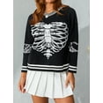 thumbnail image 3 of Seyurigaoka Women Knitting Tops V Neck Long Sleeve Skull Print Casual Party Street Fall Spring Pullover, 3 of 9