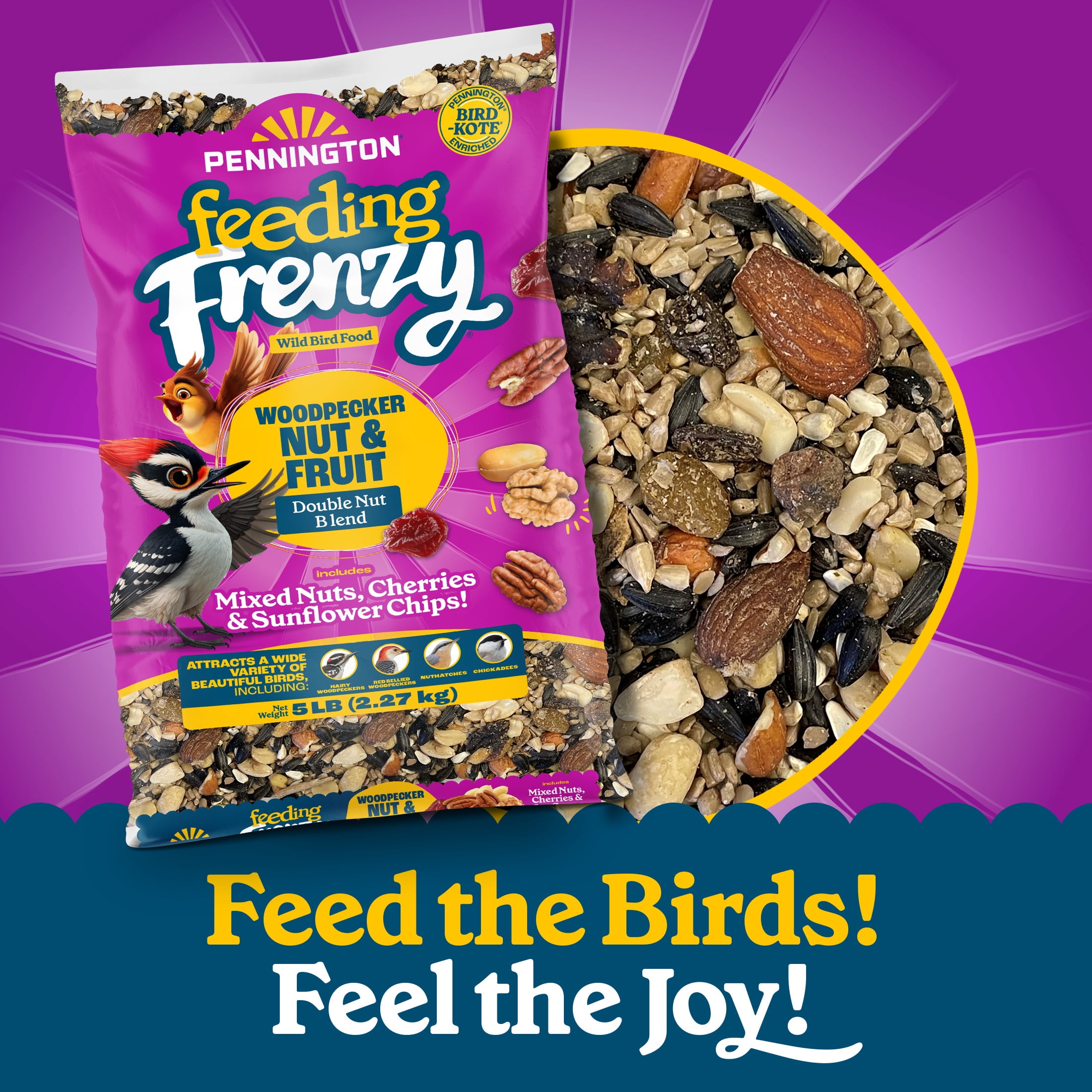 Pennington Feeding Frenzy Woodpecker Nut & Fruit Double Nut Blend Wild Bird Food, 5 Pounds
