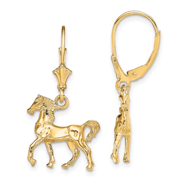 14k Yellow Gold 3 D Leverback Horse Earrings Lever Back Drop Dangle Animal