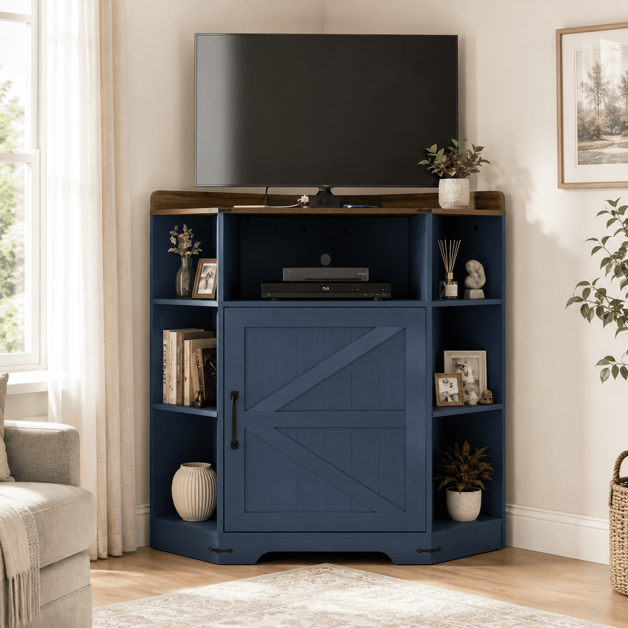 Aukfa Corner Cabinet with Charging Station,3-Tier Storage Shelf with 6 Cubbies, Navy