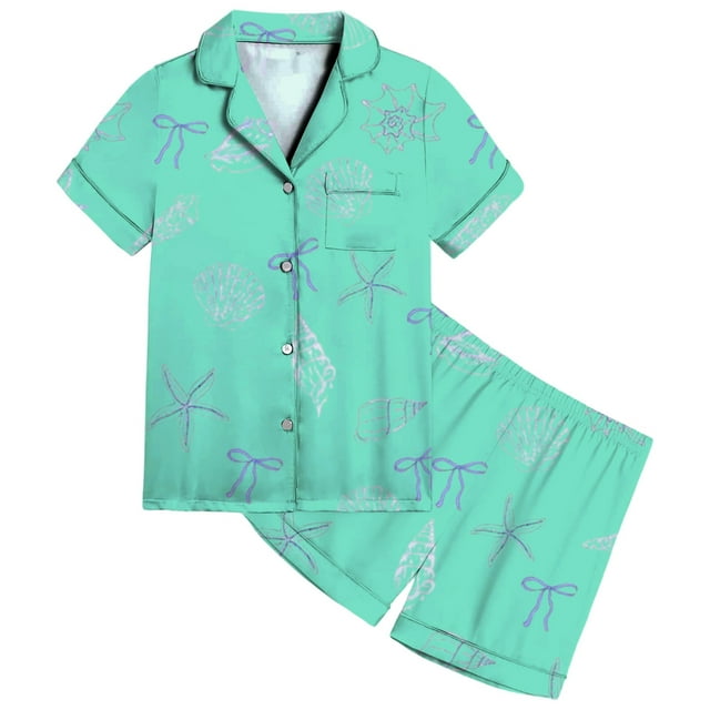 Girls Sleepwear Set Soft Satin Pajamas With Ocean Bow Print For Daily Casual Wear In Spring Summer Kids Ages 2 13