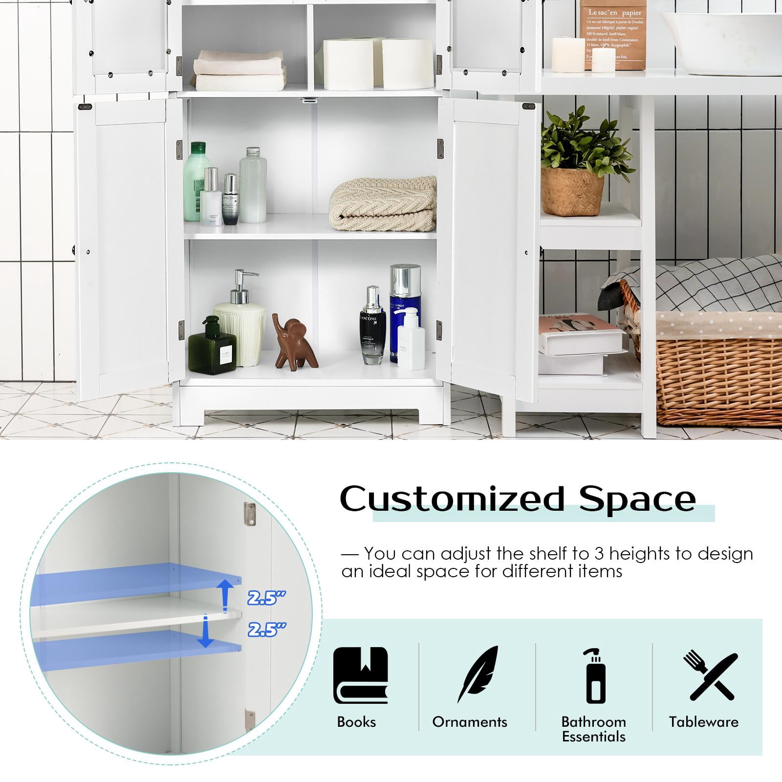 Giantex Bathroom Storage Cabinet w/Adjustable Shelf, Freestanding Wooden Floor Anti-toppling Device, Pantry Tempered Glass Doors for Kitchen Dining Room & Livingroom