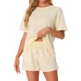 thumbnail image 1 of Conjunto de pijamas para mujeres Cheibear, conjunto de lounge de media manga, conjunto de pantalones cortos para dormir de 2 piezas con bolsillos, color beige, 1 of 6