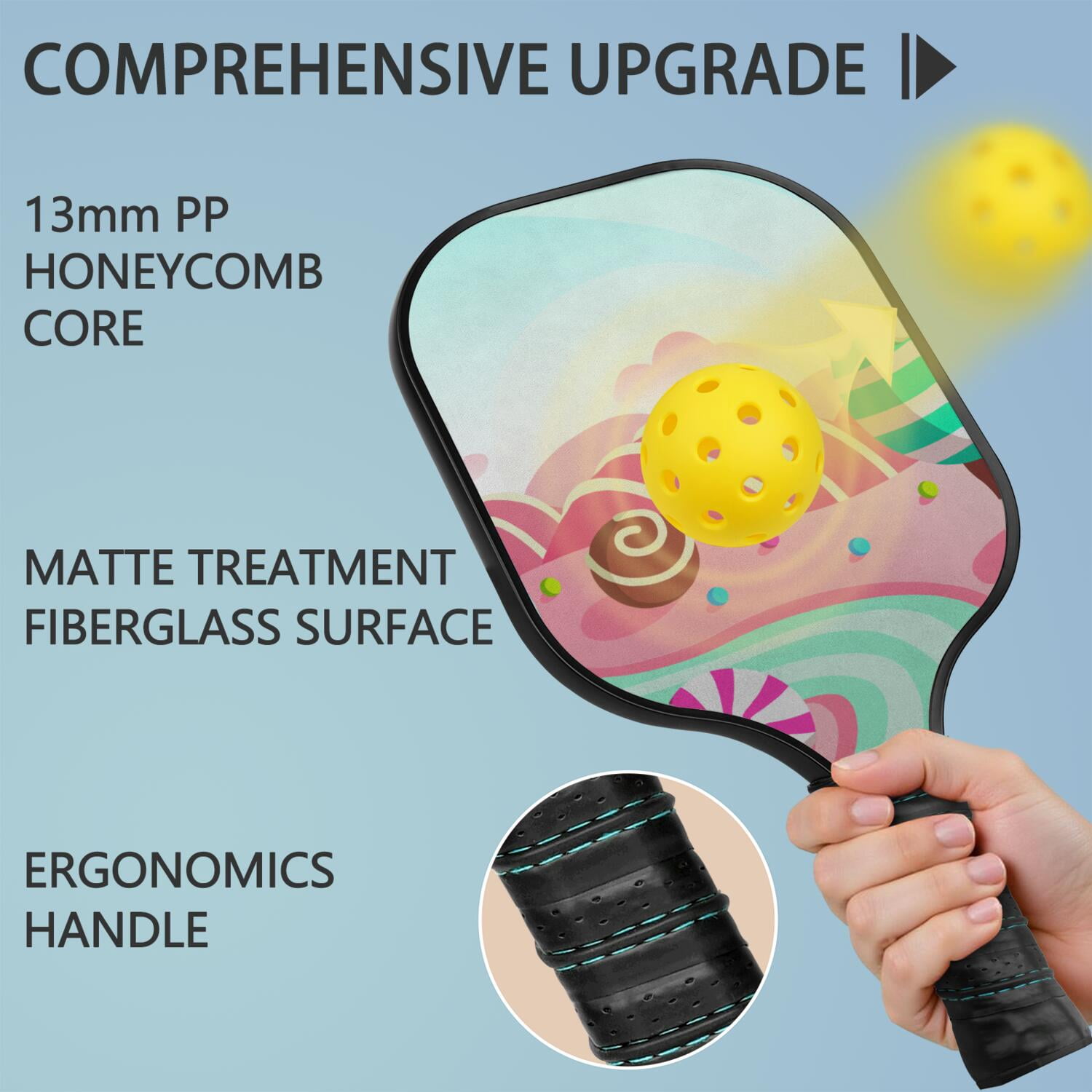 Pickleball Paddles Set Of 1, Fiberglass Surface, Sweet Candy Print, 1 Paddle, 2 Balls & Bag
