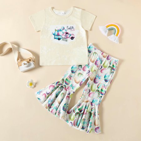

Idoravan Tshirt for Kids Clearance Toddler Kids Baby Girls Easter Fashion Cute Sweet Print Ruffles Flared Pants Hairband Suit