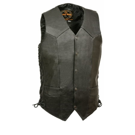 Classic Cowhide Vest - Mens Classic Side Lace Leather Biker Vest Premium Milled Cowhide - Tall