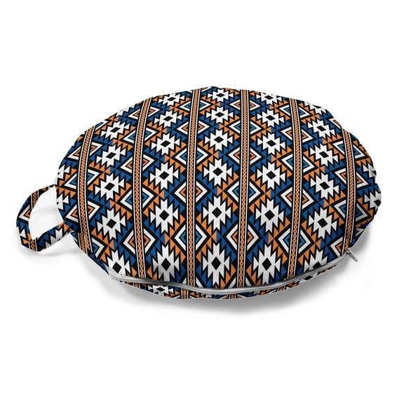 Boho Round Floor Cushion with Handle, Borders Seamless Geometrical Pattern in Boho Art Style, Decorative Pillow for Living Room & Dorms, 18" Round, Orange Blue and White, by Ambesonne