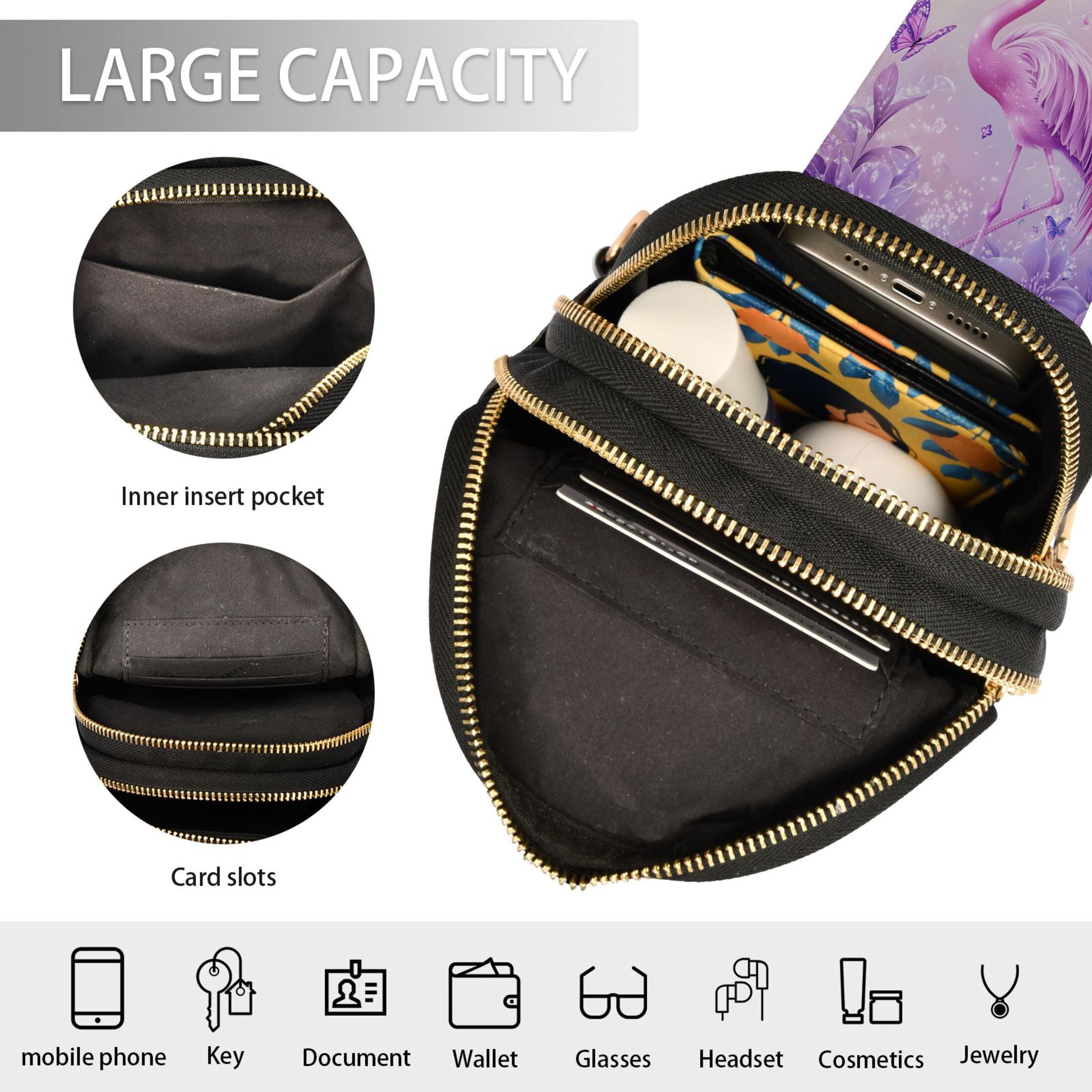 ALAZA Butterfly Glitter Flamingo Sling Bag for Women Men Waterproof Crossbody Chest Bags