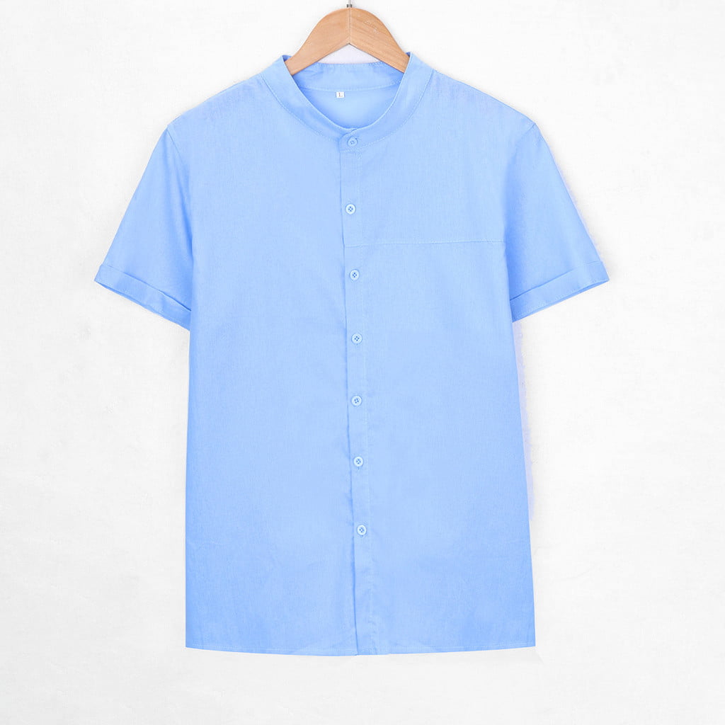 ZXHACSJ Men's Baggy Cotton Linen Solid Color Short Sleeve Retro T Shirts  Tops Blouse Light blue XL