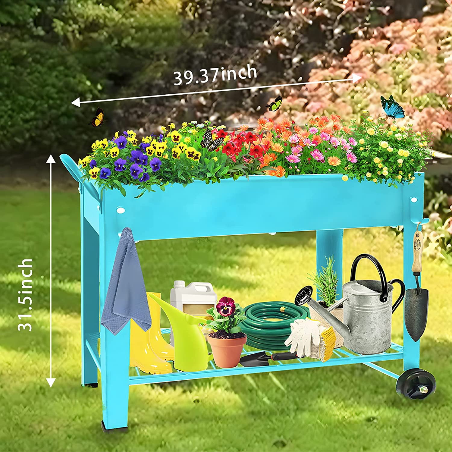 Aboxoo 40" x 11" x 31.5" Blue Steel Planter Box with Wheels